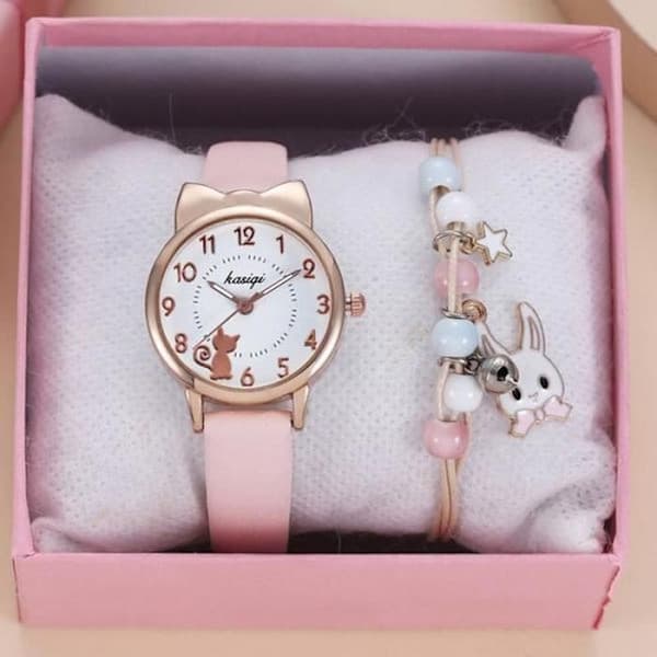 SHARPHY Børneur Sæt til Piger + Kaninarmbånd - Quartz Kat Læderrem Studerende Sød Mode Pink