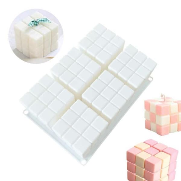 Silikon Lysform Stearinlys DIY 6 stk Kuber Rubiks hvit