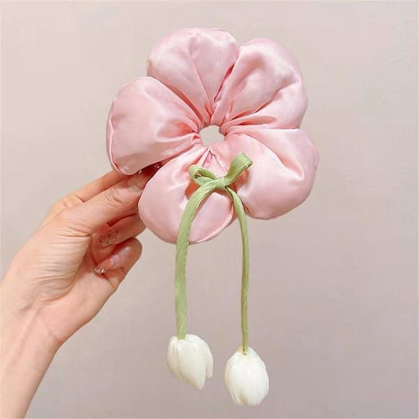 Blomsterformet scrunchie-hårstrikk for jenter, elastisk hårstrikk for barn, stoffsløyfer, hestehaleholder, barnetilbehør, rosa Blue