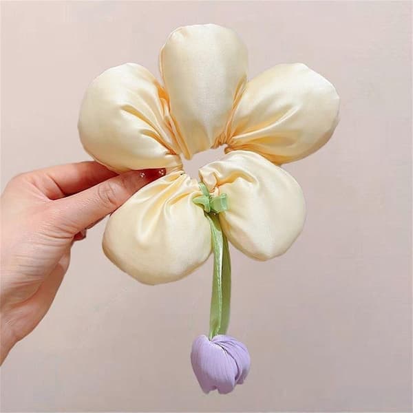 Blomsterformet scrunchie-hårstrikk for jenter, elastisk hårstrikk for barn, stoffsløyfer, hestehaleholder, barnetilbehør, rosa Beige