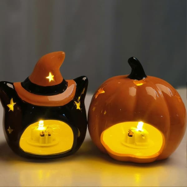 Keramisk katte-gresskar-lysestake med utskåret design for Halloween-festdekor Orange