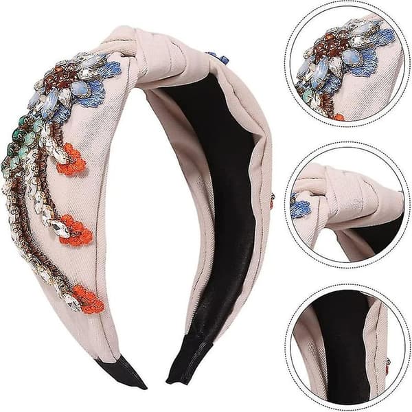Retro Bred Hårbøyle Boho Rhinestone Pannebånd Stoff Krystall Diamant Hodeplagg - Q1 Beige