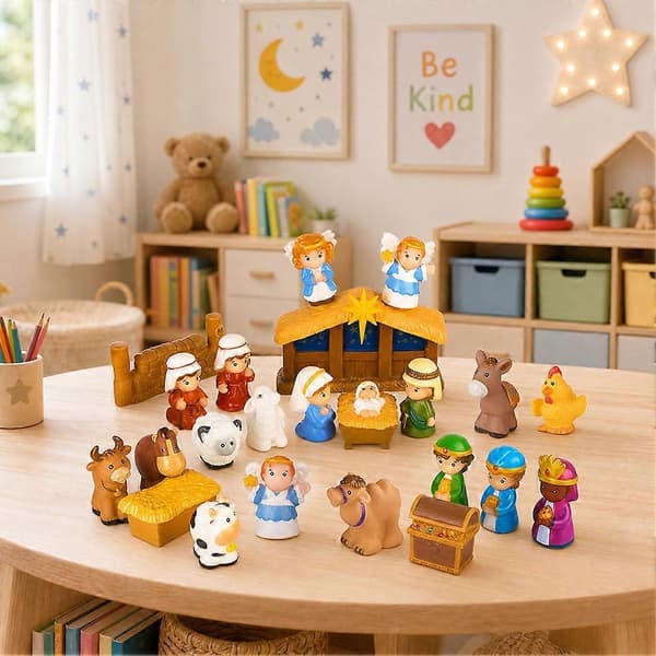 Jule-adventskalender til børn, blind box, 25 stk. julekrybbe-figurer, festlig julepynt og gave A