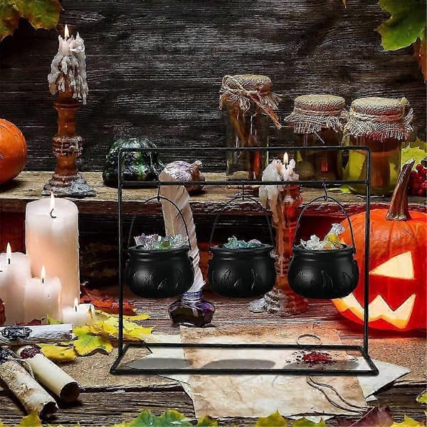 3 kpl Halloween-noitapata-karkkikulhoja, tarjoilukulhot telineellä ja 3 koukulla