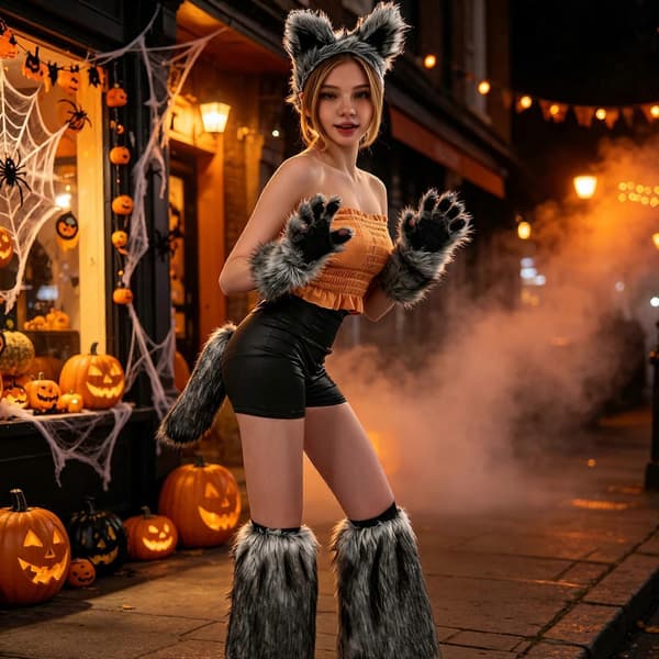 Halloween Cosplay Ulve-tilbehørssæt i blød polyester med spidse ører, matchende hale og benvarmere til kostumebilleder Grå Gray