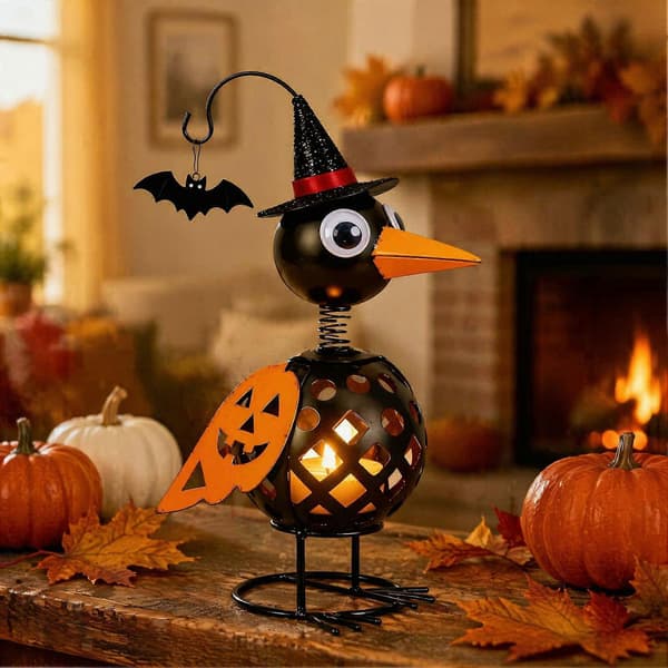 Kråkprydnad i smide - Pumpa-ljushållare för Halloween-heminredning A