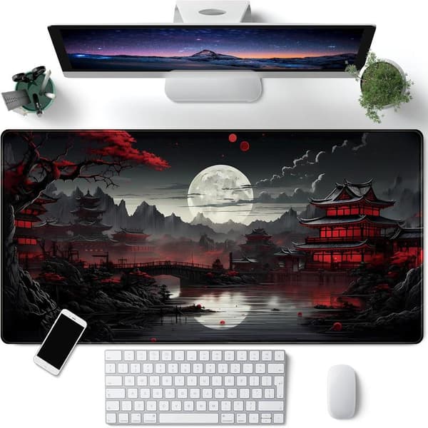 Japansk Skrivebordsmåtte Fuldmåne Skriveunderlag Sort Rød 80 x 40 cm Musemåtte Gaming Musemåtte Forlænget Tastaturmåtte Laptop Com