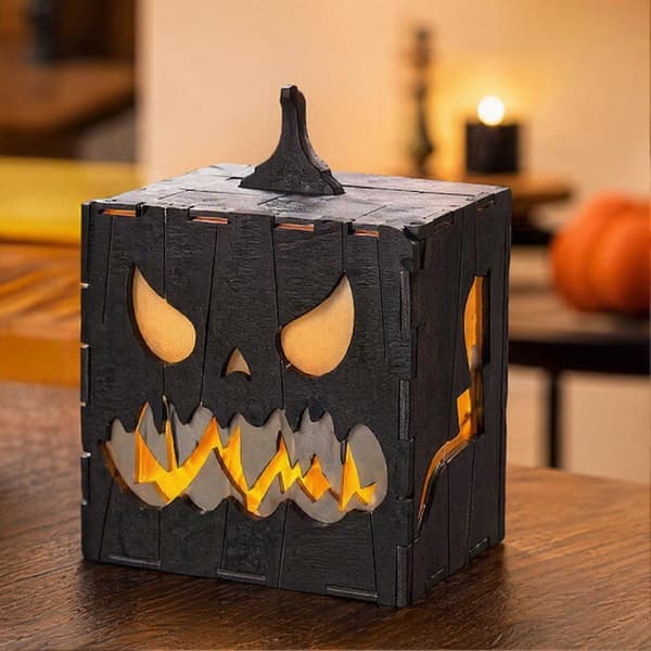 Ljusstake i trä som Jack-o'-lantern – Demonansikte-låda – för bordsdekoration Grey