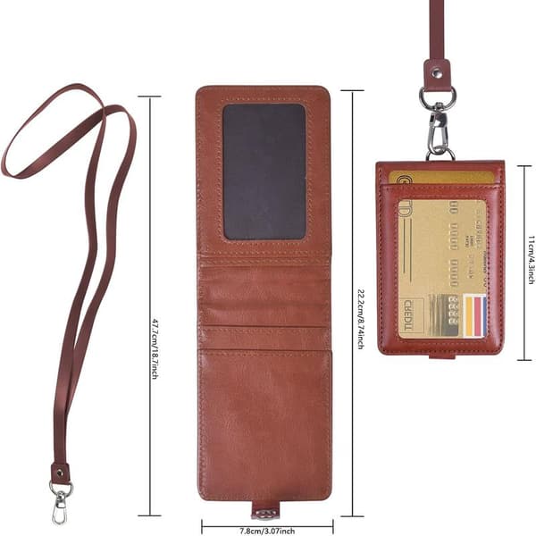 Brun - ID-kortholder med snor, vertikal læder ID-badge B