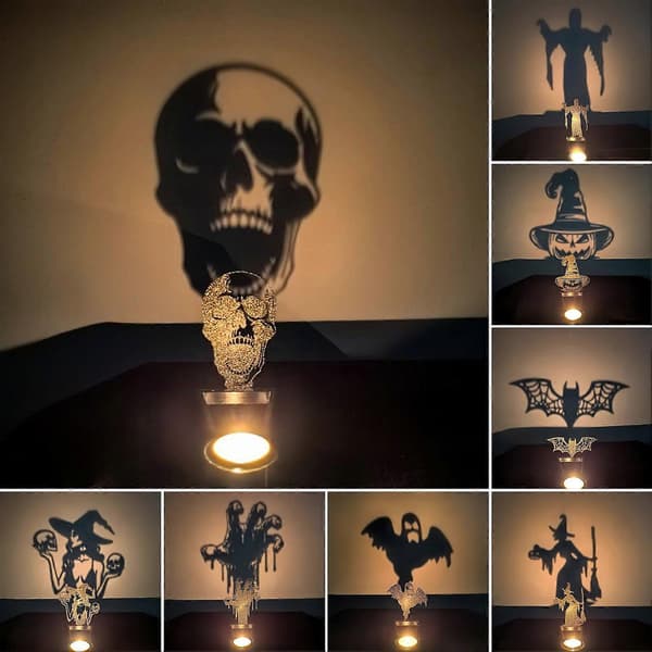 Skummel telysholder med skyggemotiv av ljåmann, gresskar og flaggermus til Halloween E
