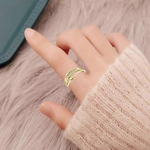 Guld Fidget Ring med Pärlor för Kvinnor Flickor Justerbar Öppen Stapelbar Fingerring