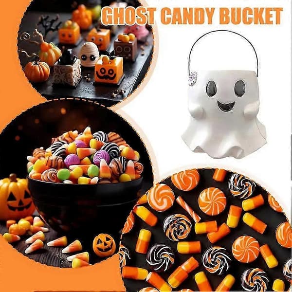 En Halloween-spøkelsesbøttevase og spøkelsesgodteribøtte til dekorasjon i døråpning, soverom og stue. White