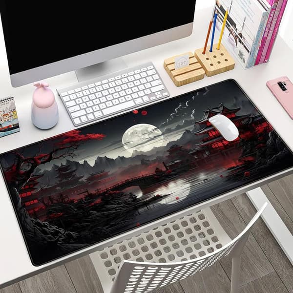 Japansk Skrivebordsmåtte Fuldmåne Skriveunderlag Sort Rød 80 x 40 cm Musemåtte Gaming Musemåtte Forlænget Tastaturmåtte Laptop Com