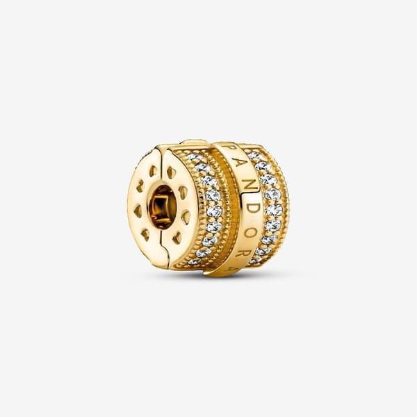 Pandora - Glittrande Pavé Linjer & Logo Clip Berlock - 14k guldpläterad