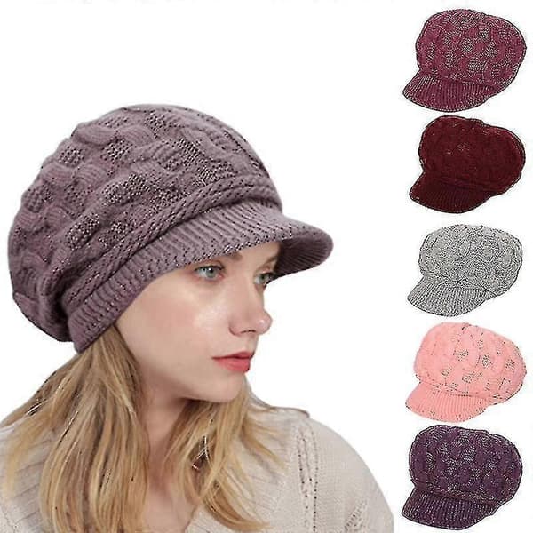 Stickad damhatt med skärm, mössor, basker, varma skidmössor för vintern TW hot pink