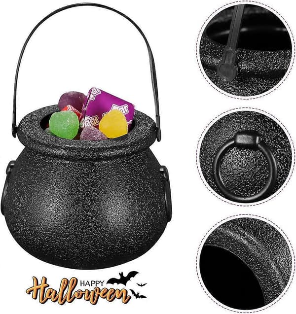 Sort plastik-kedel slikholder med hank til Halloween (6 stk. - sort)