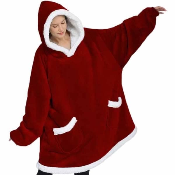 Hætteklæde til voksne, 118x80 cm, Fleece Pullover Tæppe til sofa, med ærmer, til kvinder og mænd, med TV-lomme, Vinter, Rød