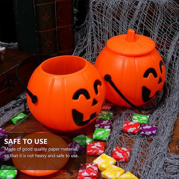 Orange græskar-spand i plast til fest, 6 stk. Halloween slikbeholdere