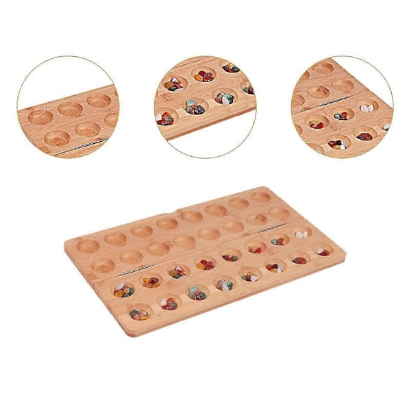 Mancala Strategispel i Trä, Vikbart med 65 Glasstenar, Perfekt för Familjespel