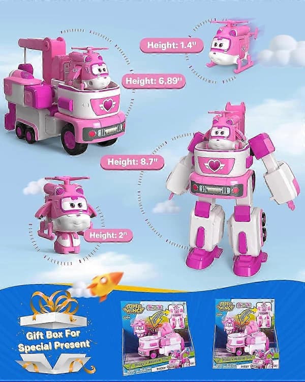 Super Wings - 7\" Dizzy's redningsbil med 2\" rosa Transform-a-Bot minifigur, transformerende flyleke