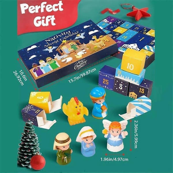 Jule-adventskalender til børn, blind box, 25 stk. julekrybbe-figurer, festlig julepynt og gave A