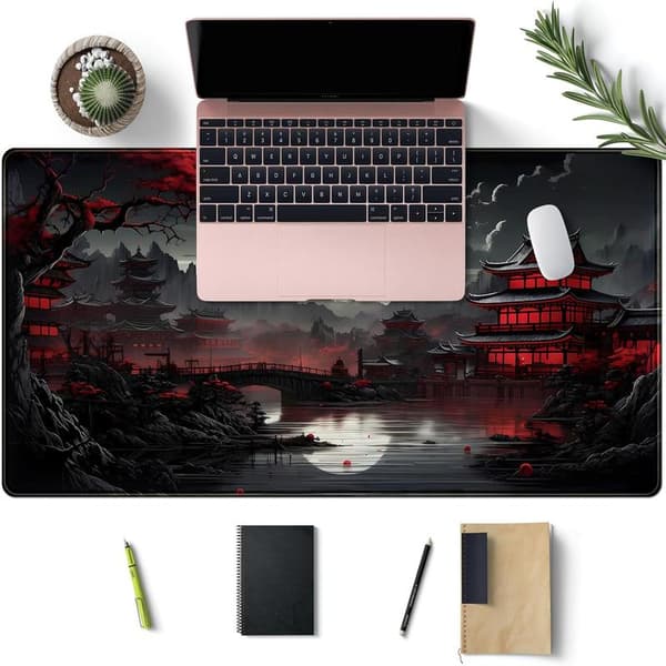 Japansk Skrivebordsmåtte Fuldmåne Skriveunderlag Sort Rød 80 x 40 cm Musemåtte Gaming Musemåtte Forlænget Tastaturmåtte Laptop Com