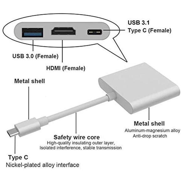 USB-C-sovitin Macbookille - HDMI & USB 3.0 Hopea Silver