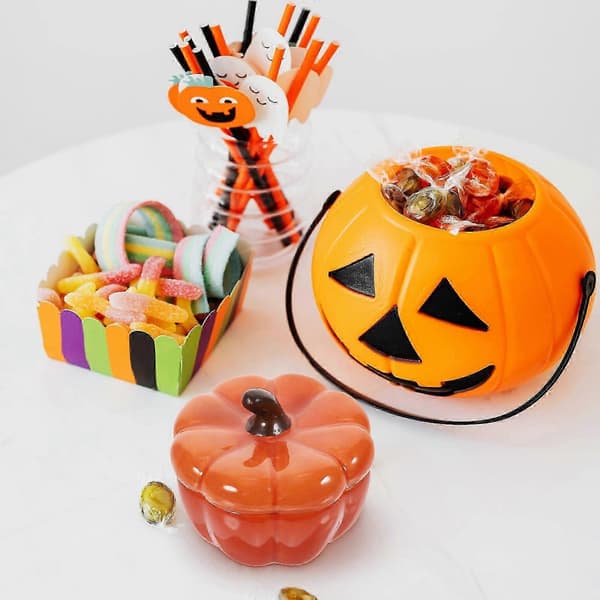 Halloween-dekorasjon 1 stk oransje gresskarformet lysestake i keramikk