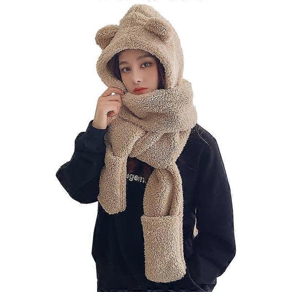 Søtt Bjørneøre Vinterssett: Varm Hette Skjerf & Hansker for Kvinner - Lammeullbeskyttelse khaki Size One Size