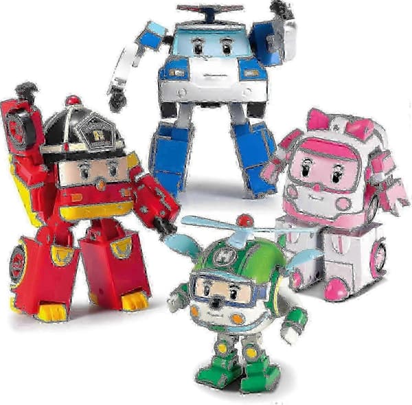 Sbsg Robocar Poli 4-pak Poli + Amber + Roy + Helly Transformerende Robotlegetøj, 10 cm Transformerbar Actionfigur