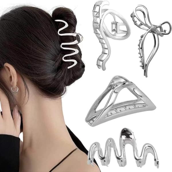 Sølv Hårklemmer til Kvinder Store Metal Håraccessories 4 Stykker til Tykt Hår