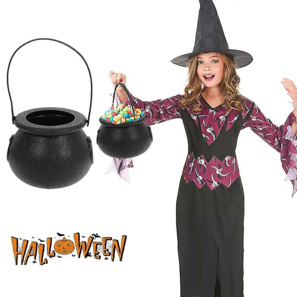 2 stk. Halloween heksebøtter, bærbare heksebøtter for barn, rund Halloween-godteribøtte (svart)