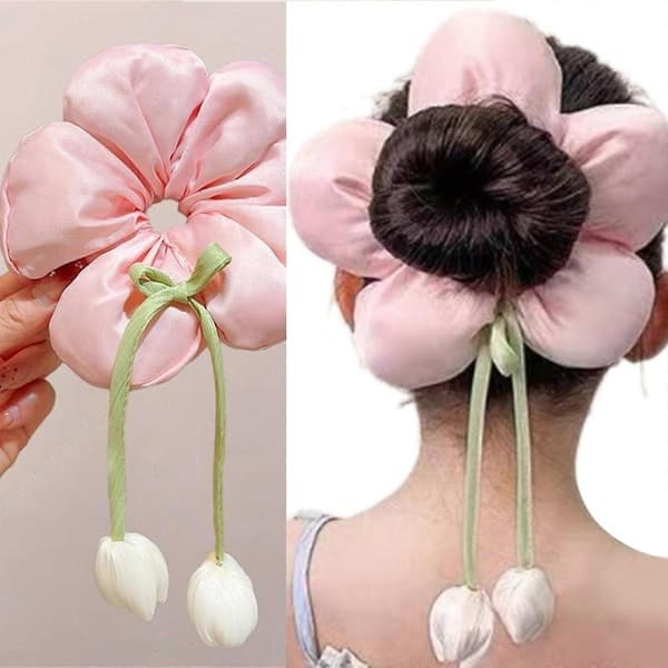 Blomsterformet scrunchie-hårstrikk for jenter, elastisk hårstrikk for barn, stoffsløyfer, hestehaleholder, barnetilbehør, rosa Beige