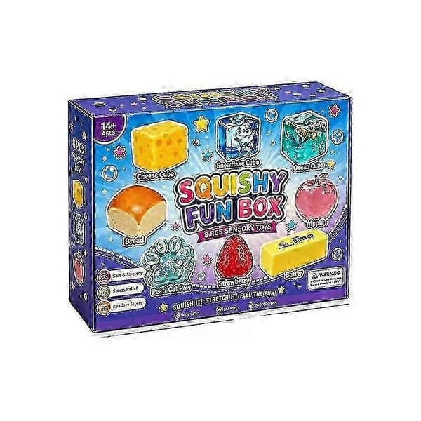 8 stk. sett Squishy Box Myke, sakte stigende klemmeleker