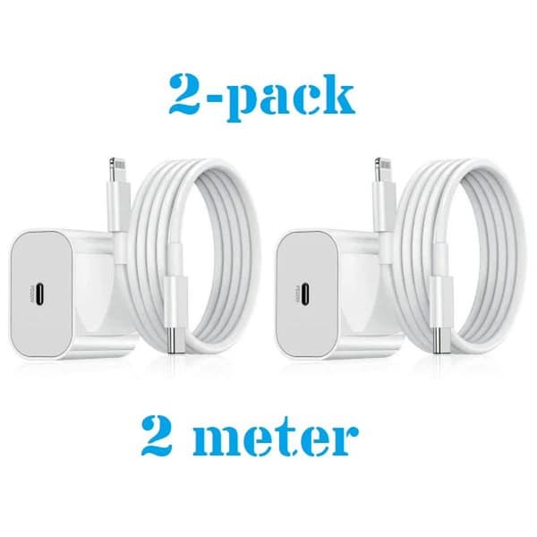 2-pak - iPhone-lader Hurtiglader - Adapter + Kabel 20W USB-C 2m