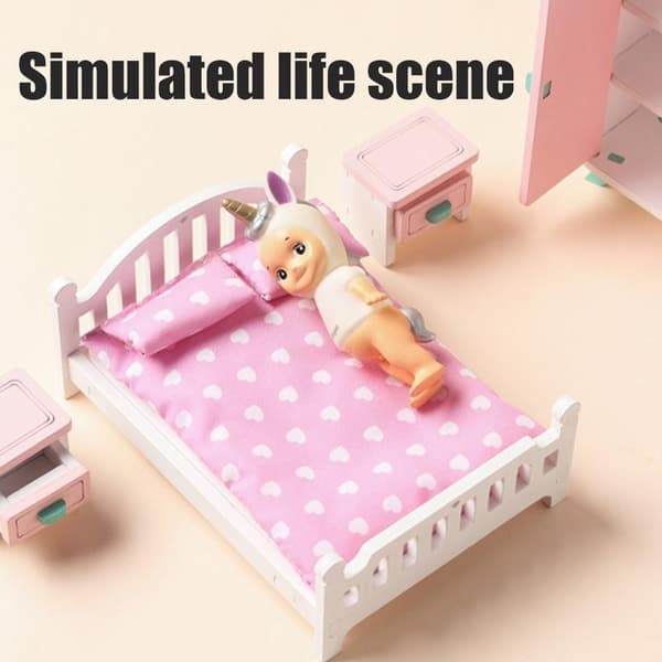 Flickor Tre Rosa Sovrum Lekset Låtsaslek Dockhus Möbler Set Simulering Miniatyr Display Modell 0.5