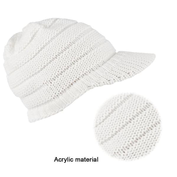 Vintermössa för damer, stickad mössa med bred skärm, varm mössa med visir White