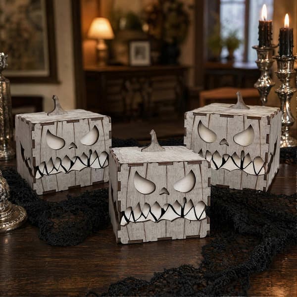 Ljusstake i trä som Jack-o'-lantern – Demonansikte-låda – för bordsdekoration Black