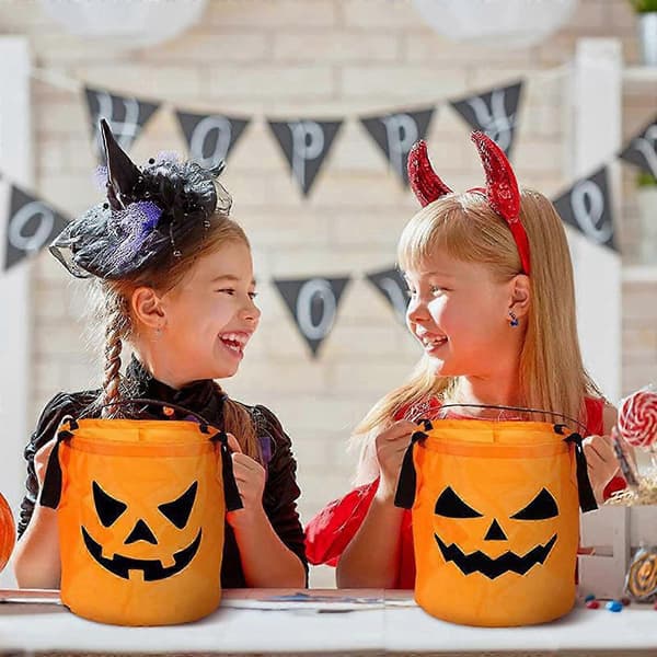 2 stk. LED-lys Halloween-godteposer Halloween gresskar-godtebøtter gjenbrukbar bøtte