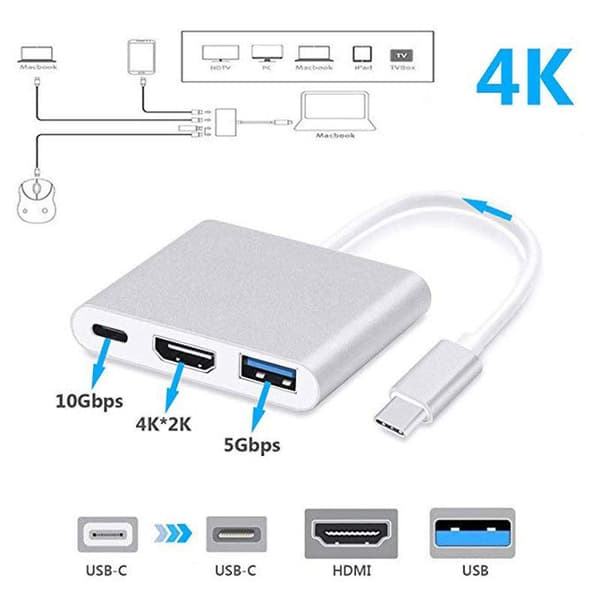 USB-C-sovitin Macbookille - HDMI & USB 3.0 Hopea Silver