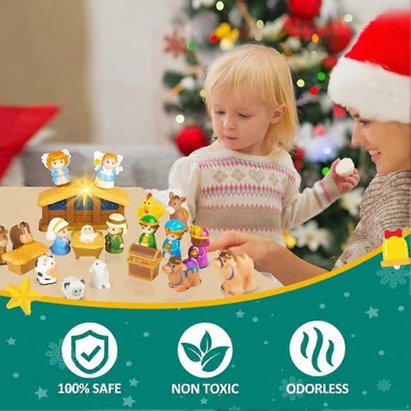 Jule-adventskalender til børn, blind box, 25 stk. julekrybbe-figurer, festlig julepynt og gave A