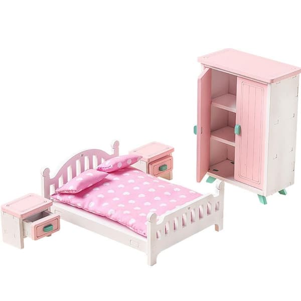 Flickor Tre Rosa Sovrum Lekset Låtsaslek Dockhus Möbler Set Simulering Miniatyr Display Modell 0.5