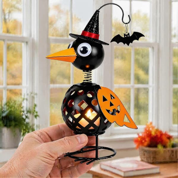 Kråkprydnad i smide - Pumpa-ljushållare för Halloween-heminredning A