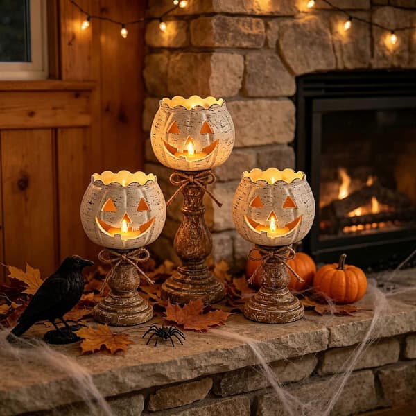 Rustikk gresskar-telysholder som gårdsdekorasjon til Halloween A8CM