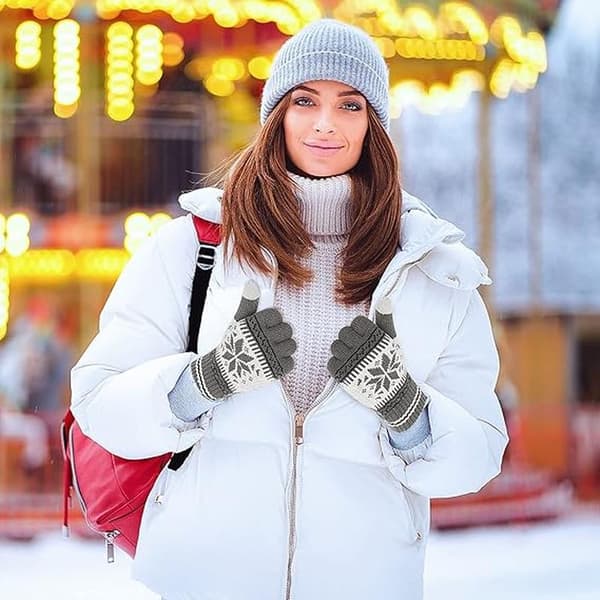 1 Par Vinter Touch Screen-Handsker, Snefnug Trykt Vinter Tykke Strikkede Handsker Tekstning Handsker Varme Touchscreen Handsker