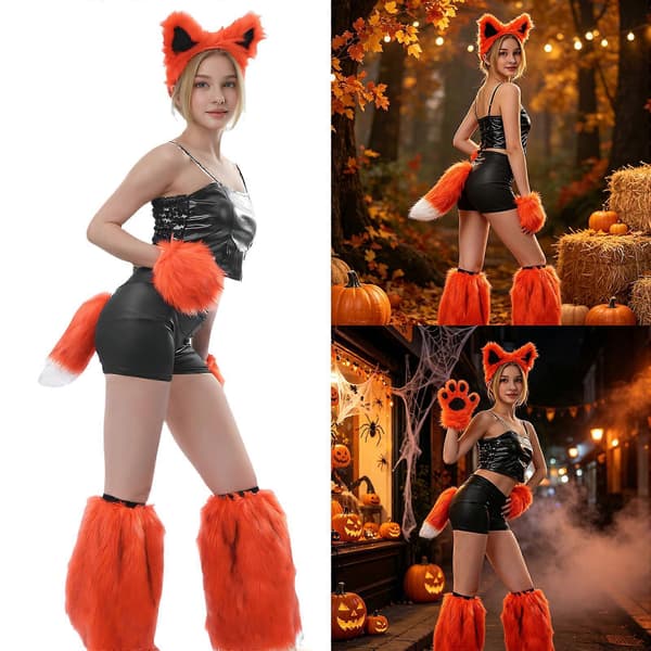 Halloween Cosplay Ulve-tilbehørssæt i blød polyester med spidse ører, matchende hale og benvarmere til kostumebilleder Grå Gray