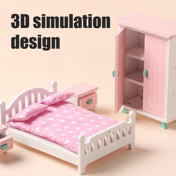Flickor Tre Rosa Sovrum Lekset Låtsaslek Dockhus Möbler Set Simulering Miniatyr Display Modell 0.5