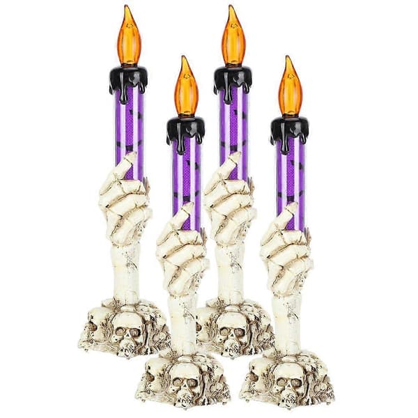4 stk. Halloween-lysestake med simuleringsflamme og ond hånd-design for dekorasjon