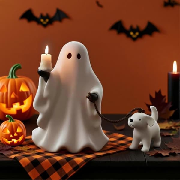 Hvit spøkelseshund lysestake-figur for Halloween-dekorasjon på hylle og skrivebord S