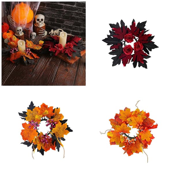 5 stk. Halloween Thanksgiving kunstige lønneblad-lysestaker kranser med bær til borddekorasjon black maple leaf